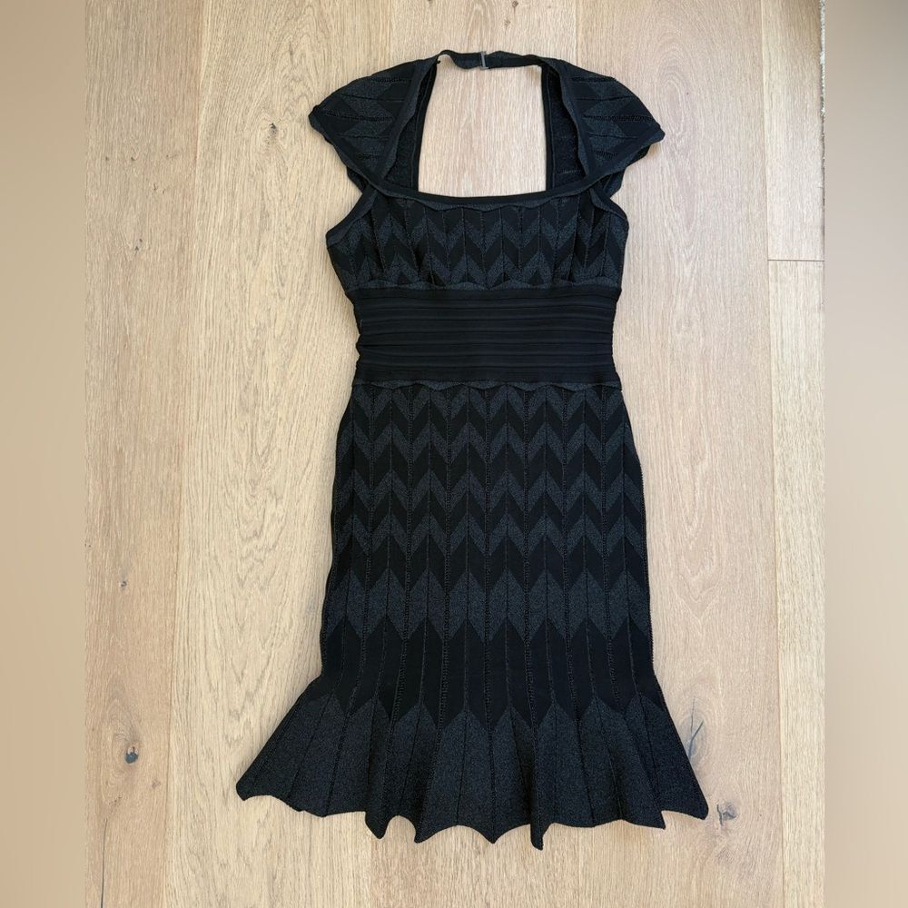 Herve Leger Luxury Iconic black Off Shoulder Bandage Dress Flared Hem (M)